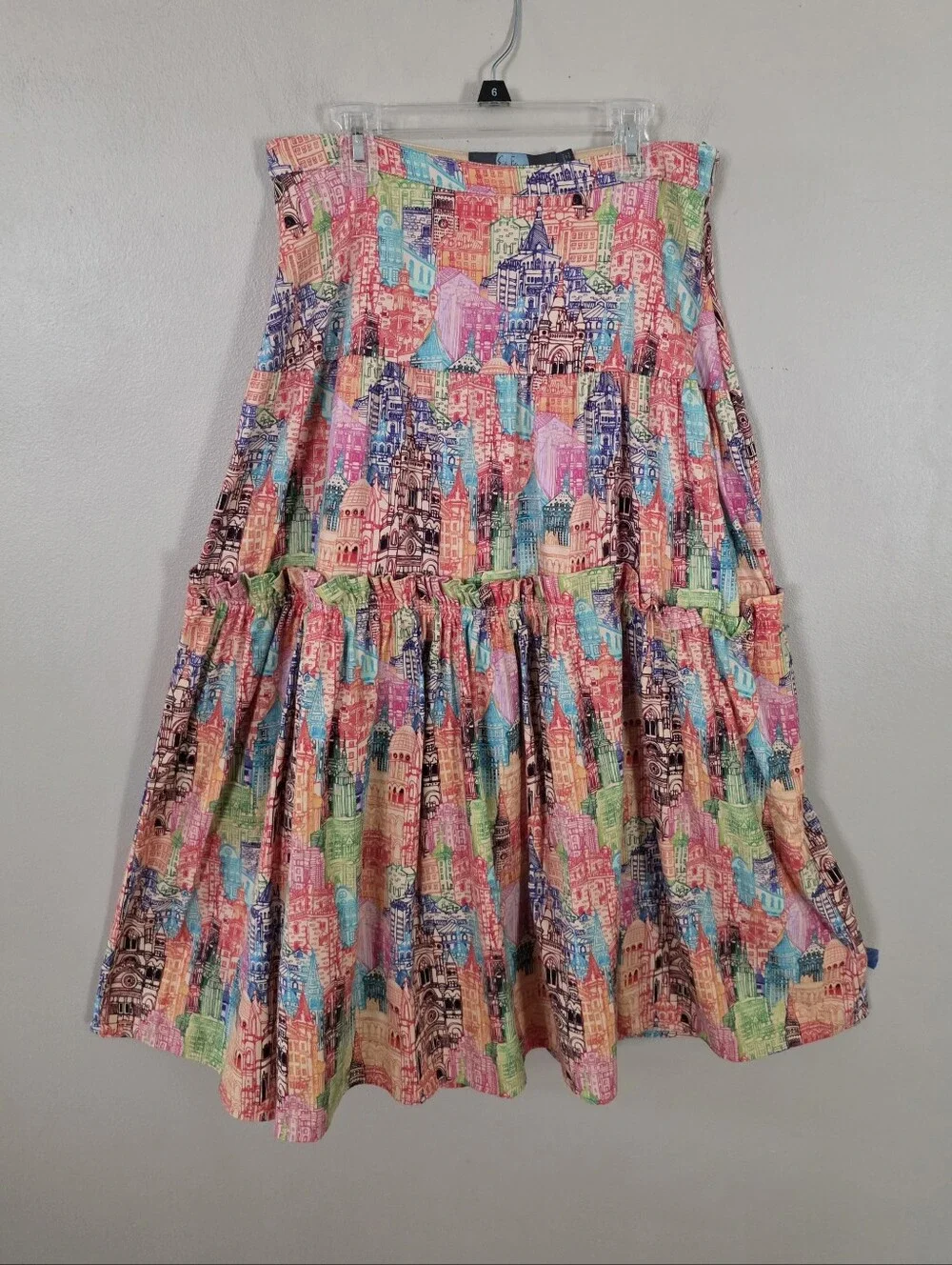 Eva Franco Villa Tiered Maxi Skirt Cityscape Pattern Women's Size 4